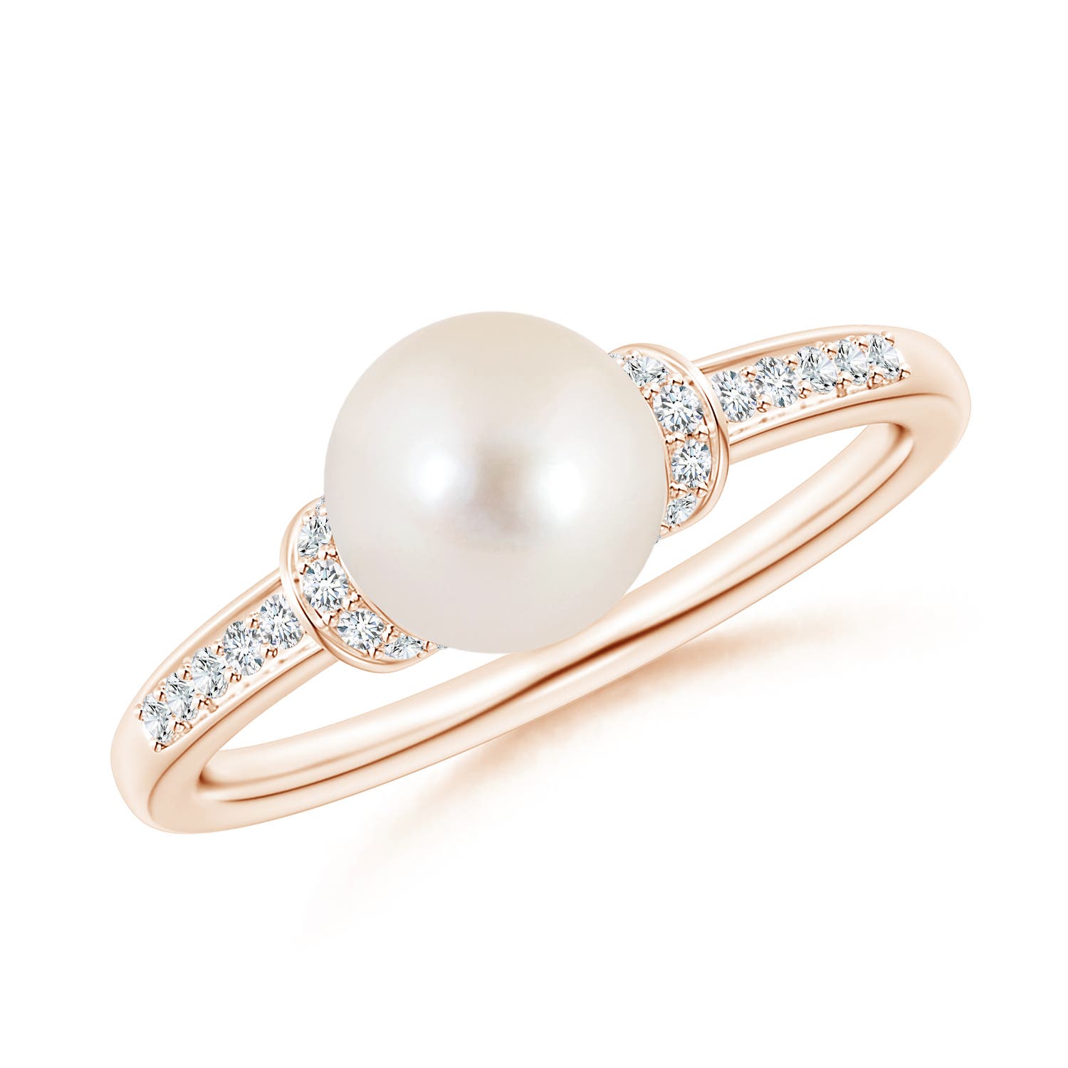 7mm AAAA Freshwater Pearl Ring with Diamond Collar in Rose Gold