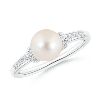 7mm AAAA Freshwater Pearl Ring with Diamond Collar in White Gold