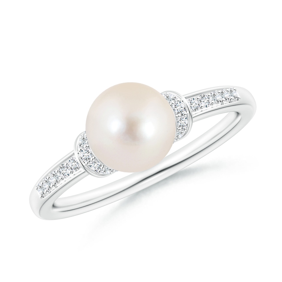 7mm AAAA Freshwater Pearl Ring with Diamond Collar in White Gold 