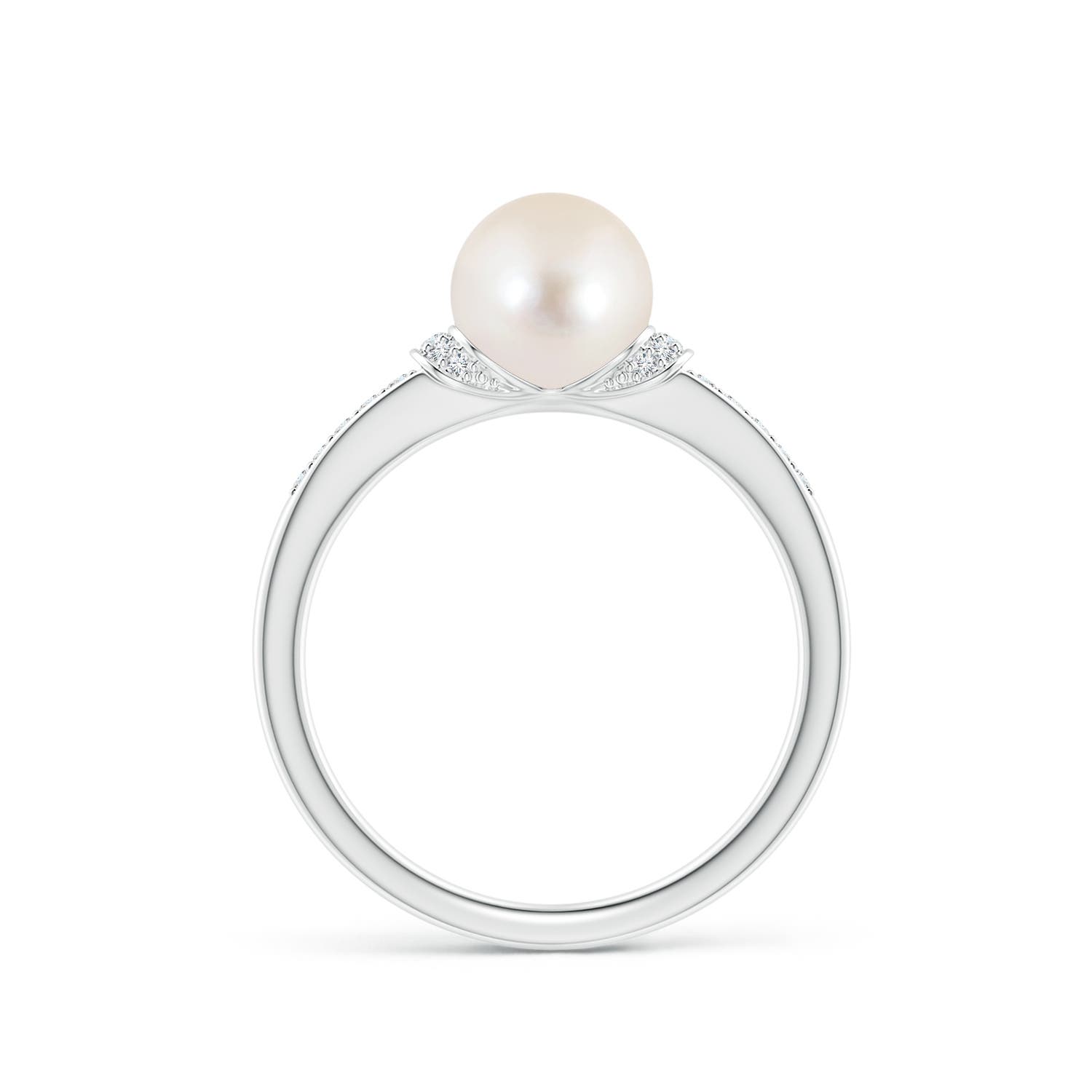 7mm AAAA Freshwater Pearl Ring with Diamond Collar in White Gold - side 1