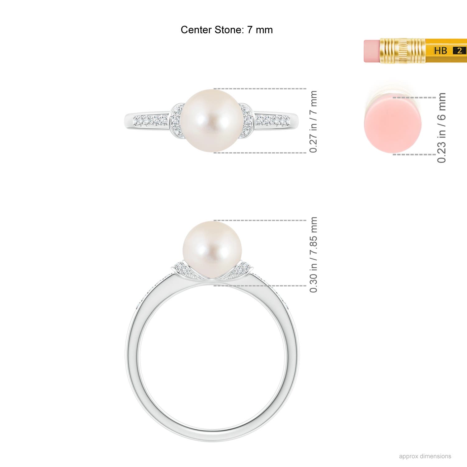 7mm AAAA Freshwater Pearl Ring with Diamond Collar in White Gold - ruler