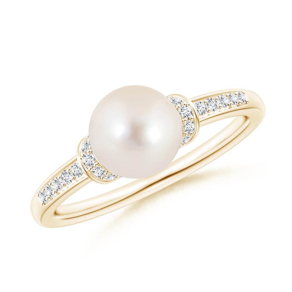 7mm AAAA Freshwater Pearl Ring with Diamond Collar in Yellow Gold 