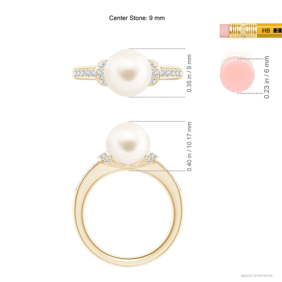 9mm AAA Freshwater Pearl Ring with Diamond Collar in Yellow Gold ruler
