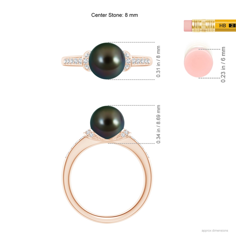 8mm AAAA Tahitian Pearl Ring with Diamond Collar in Rose Gold ruler