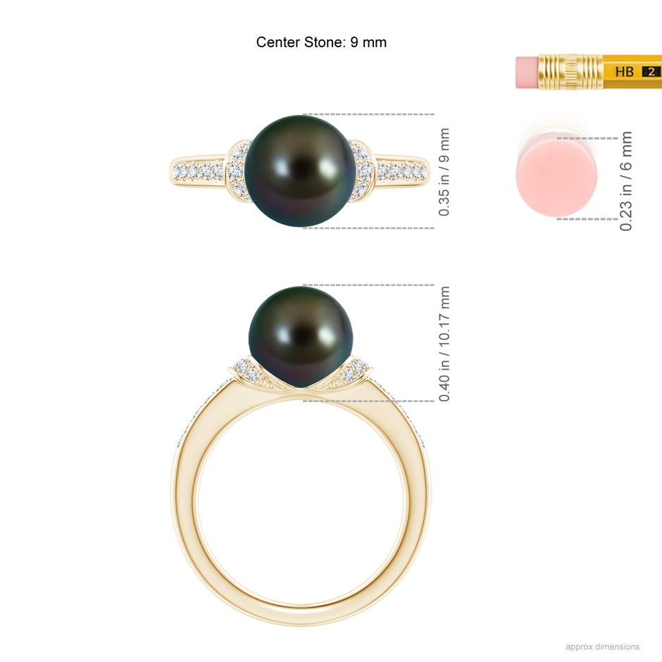9mm AAAA Tahitian Pearl Ring with Diamond Collar in Yellow Gold ruler