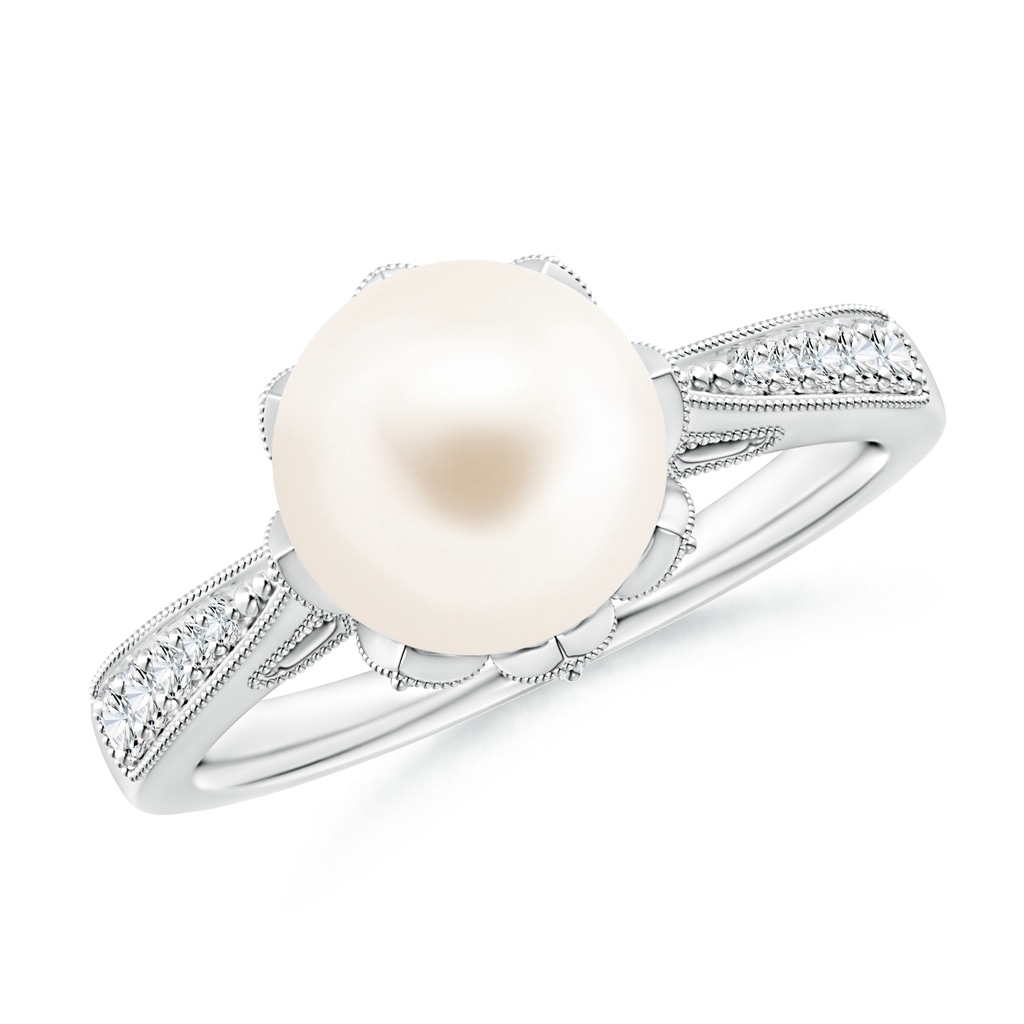 8mm AAA Vintage Style Freshwater Pearl Ring in White Gold