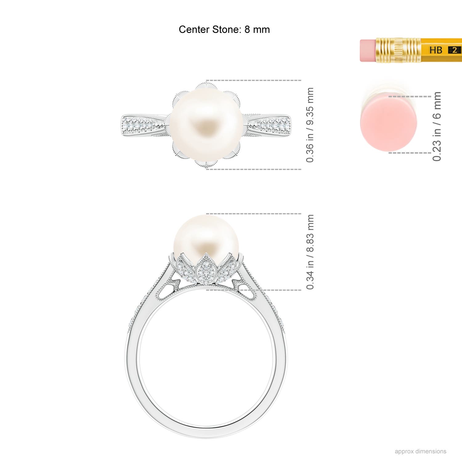 8mm AAA Vintage Style Freshwater Pearl Ring in White Gold - ruler