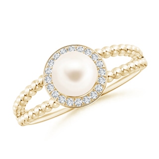 6mm AAA Freshwater Pearl Ring with Beaded Split Shank in Yellow Gold