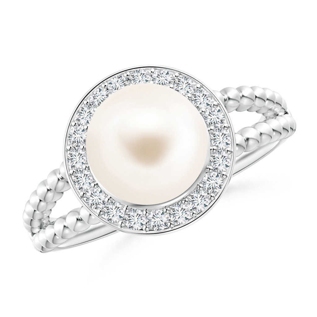 8mm AAA Freshwater Pearl Ring with Beaded Split Shank in White Gold