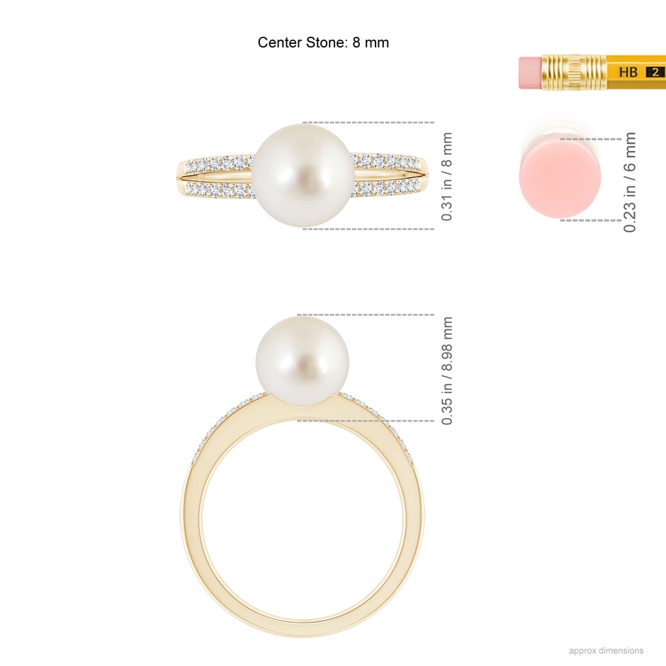 8mm AAAA South Sea Pearl Double Shank Ring in Yellow Gold ruler