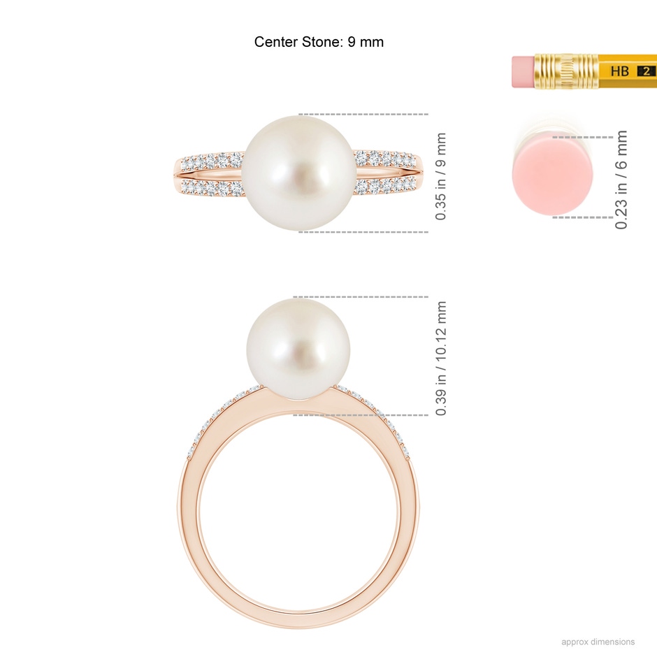 9mm AAAA South Sea Pearl Double Shank Ring in Rose Gold ruler