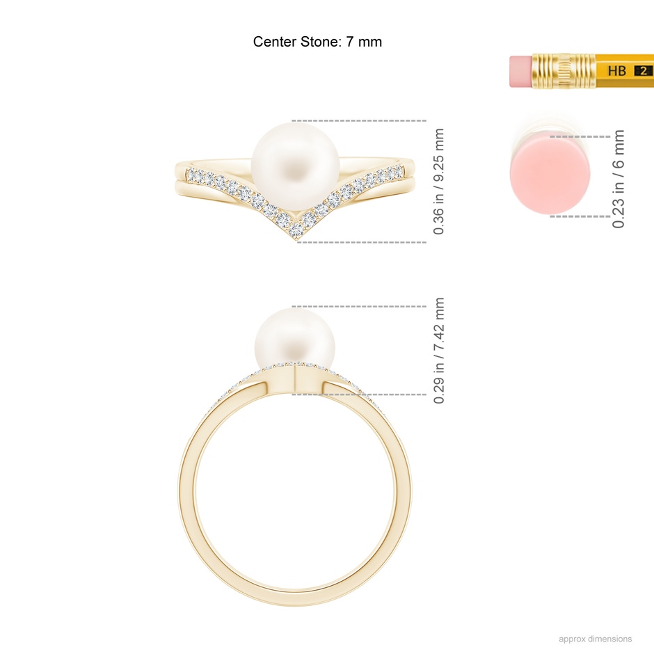 7mm AA Freshwater Pearl and Diamond Chevron Ring in Yellow Gold ruler
