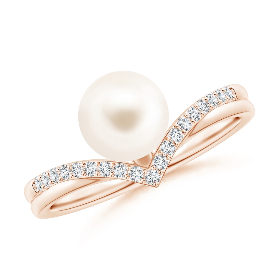7mm AAA Freshwater Pearl and Diamond Chevron Ring in Rose Gold 