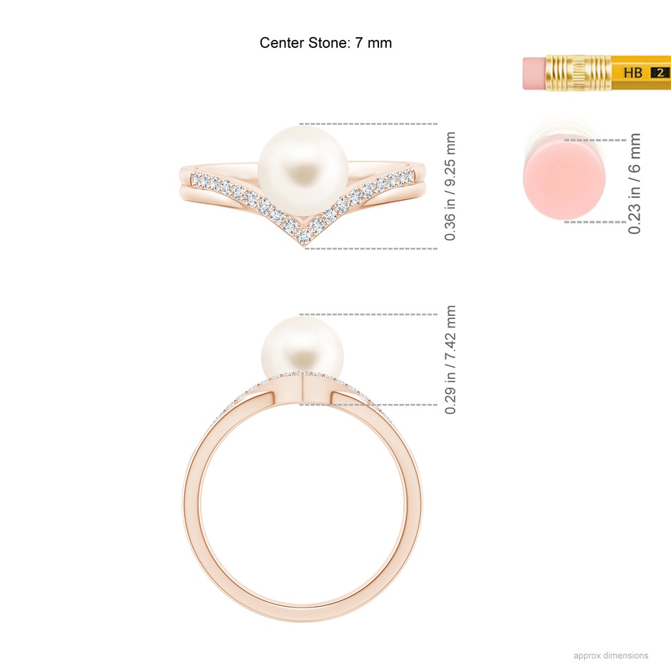 7mm AAA Freshwater Pearl and Diamond Chevron Ring in Rose Gold ruler