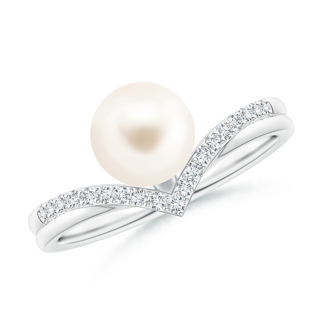 7mm AAA Freshwater Pearl and Diamond Chevron Ring in White Gold