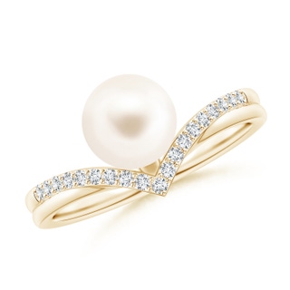 7mm AAA Freshwater Pearl and Diamond Chevron Ring in Yellow Gold