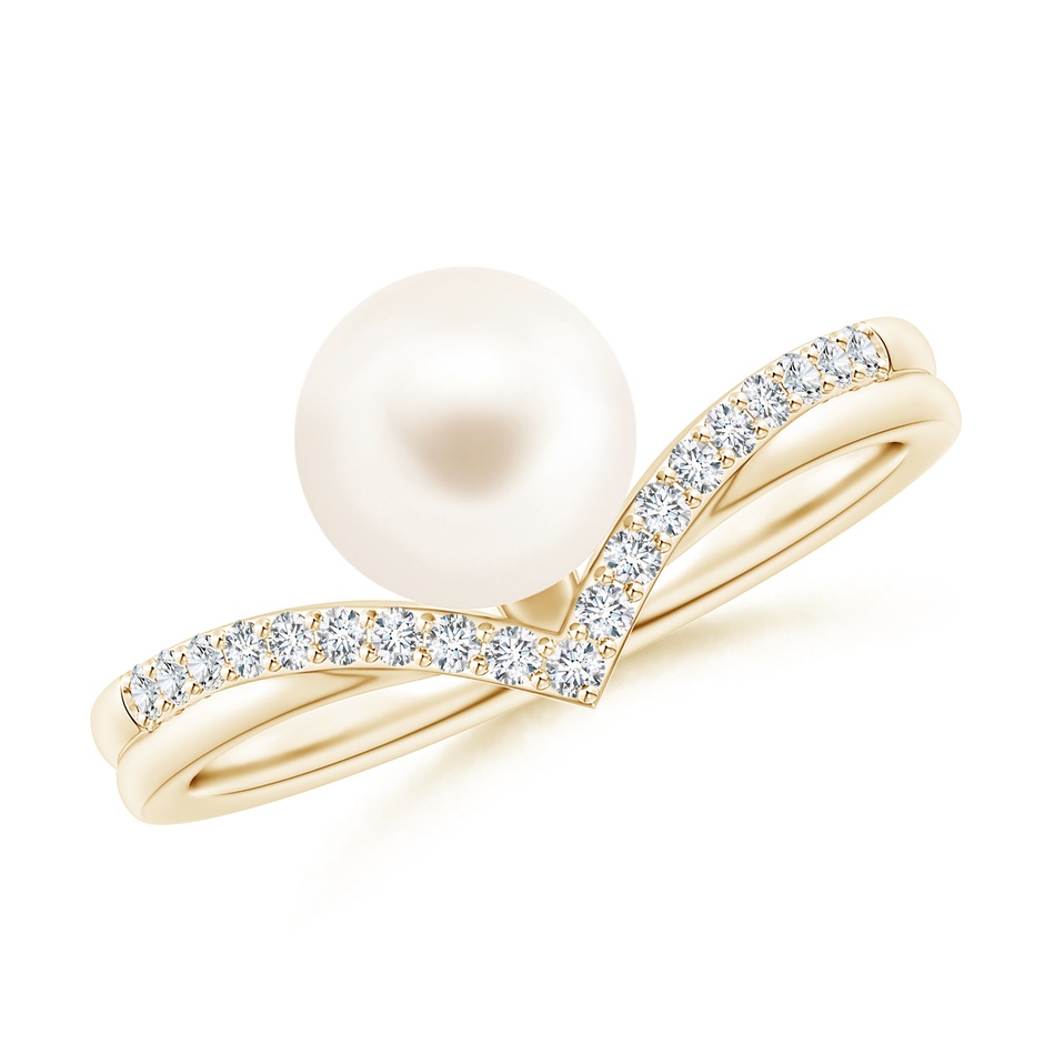 7mm AAA Freshwater Pearl and Diamond Chevron Ring in Yellow Gold 