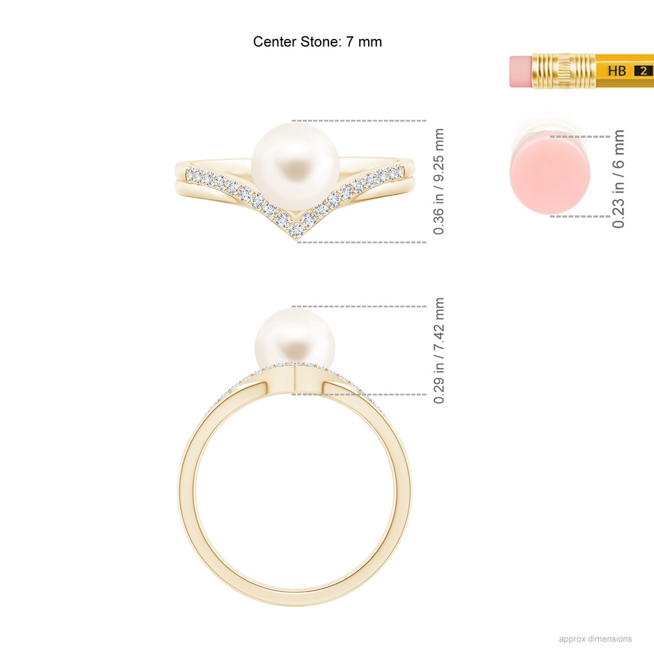 7mm AAA Freshwater Pearl and Diamond Chevron Ring in Yellow Gold ruler
