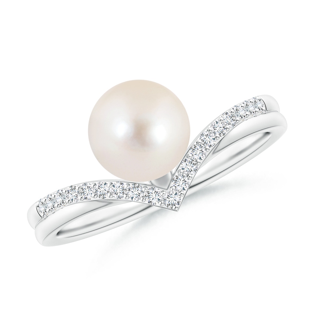 7mm AAAA Freshwater Pearl and Diamond Chevron Ring in P950 Platinum