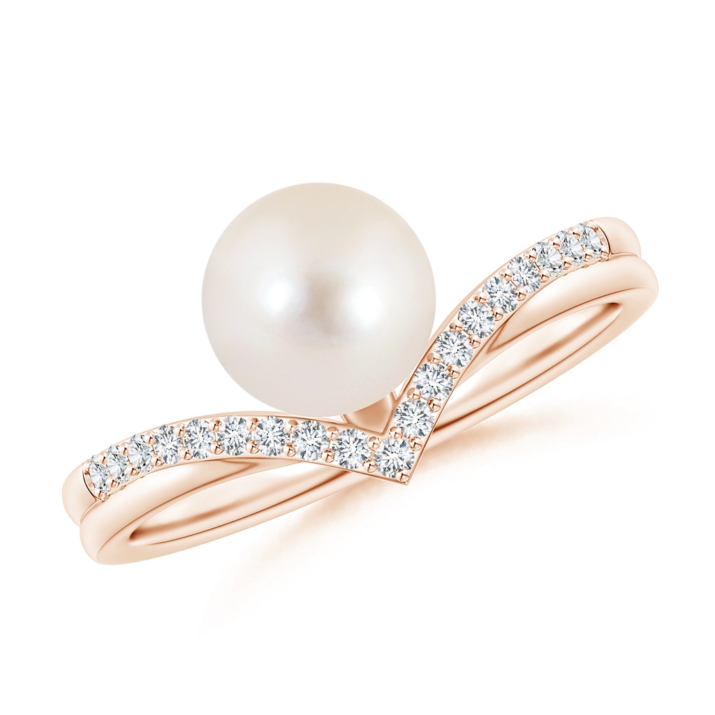 7mm AAAA Freshwater Pearl and Diamond Chevron Ring in Rose Gold