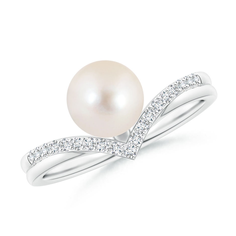 7mm AAAA Freshwater Pearl and Diamond Chevron Ring in White Gold 