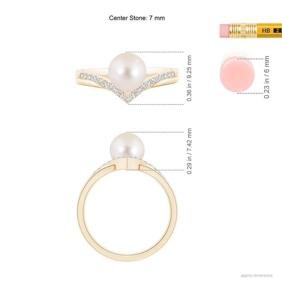 7mm AAAA Freshwater Pearl and Diamond Chevron Ring in Yellow Gold ruler