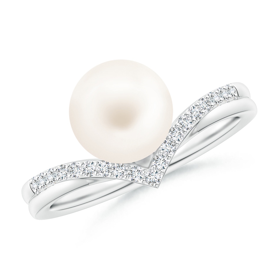 8mm AA Freshwater Pearl and Diamond Chevron Ring in White Gold 