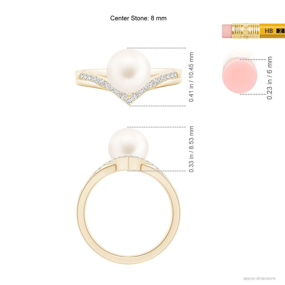 8mm AA Freshwater Pearl and Diamond Chevron Ring in Yellow Gold ruler