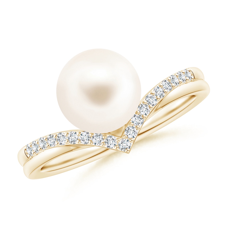 8mm AAA Freshwater Pearl and Diamond Chevron Ring in Yellow Gold 