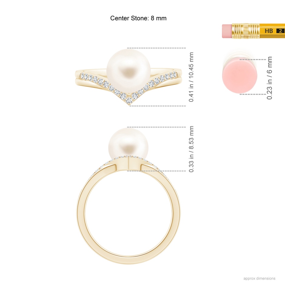 8mm AAA Freshwater Pearl and Diamond Chevron Ring in Yellow Gold ruler