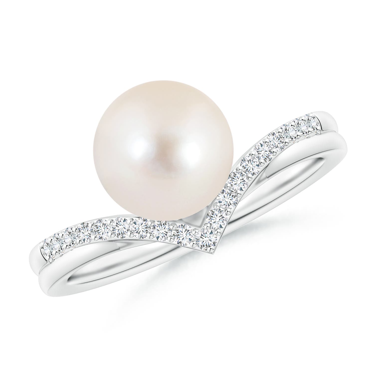 8mm AAAA Freshwater Pearl and Diamond Chevron Ring in P950 Platinum