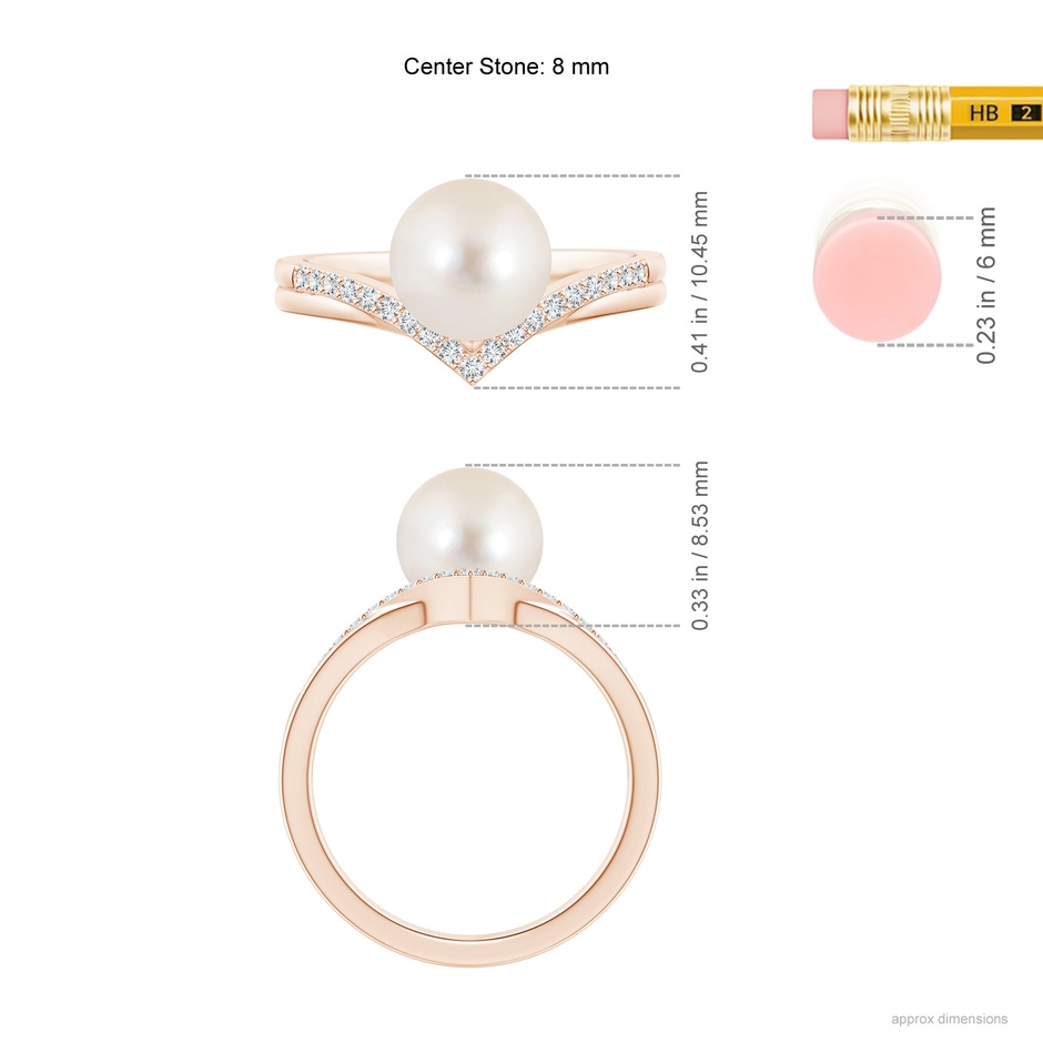 8mm AAAA Freshwater Pearl and Diamond Chevron Ring in Rose Gold ruler