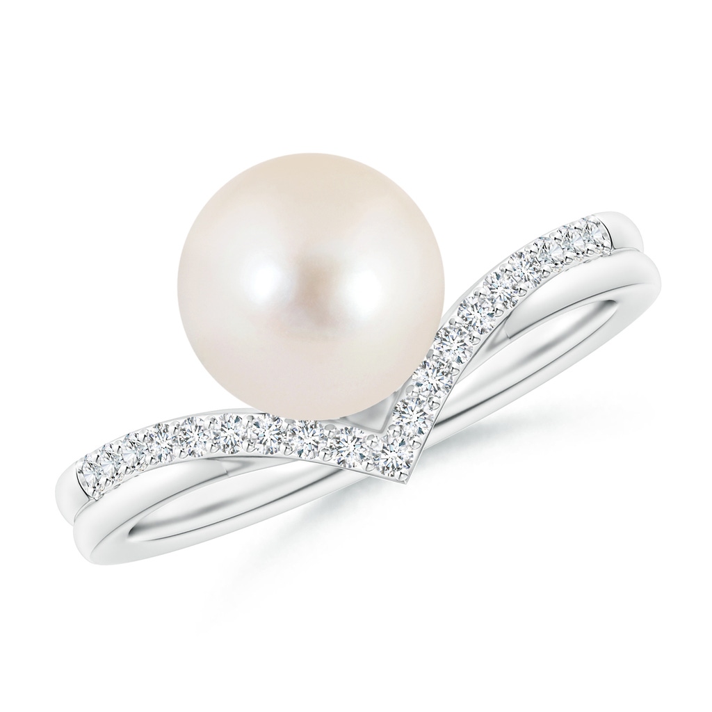 8mm AAAA Freshwater Pearl and Diamond Chevron Ring in White Gold