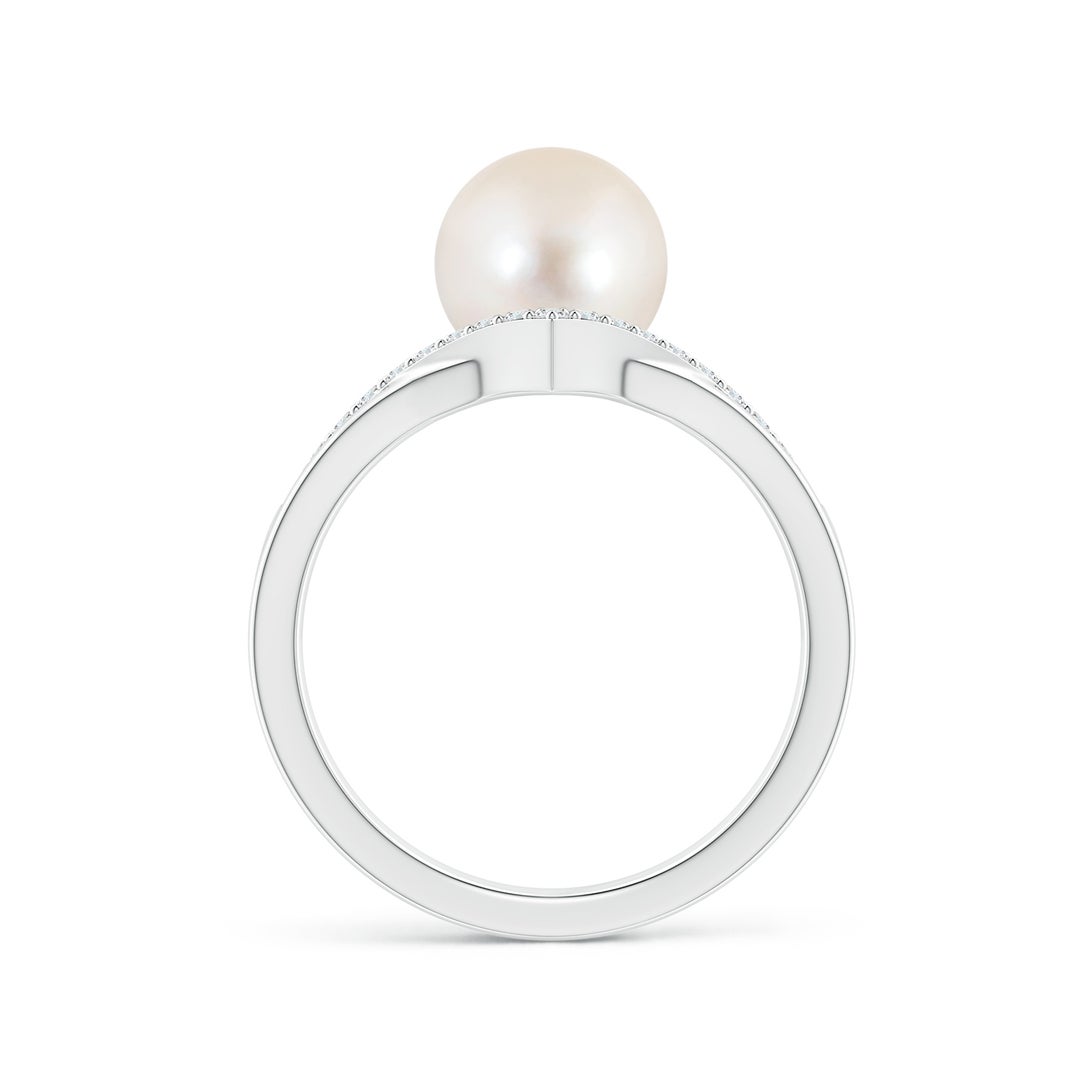 8mm AAAA Freshwater Pearl and Diamond Chevron Ring in White Gold - side 1