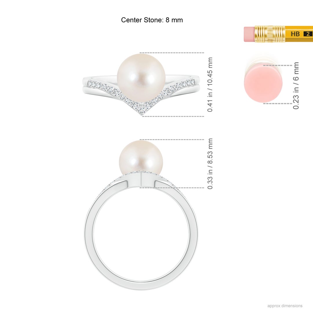 8mm AAAA Freshwater Pearl and Diamond Chevron Ring in White Gold - ruler