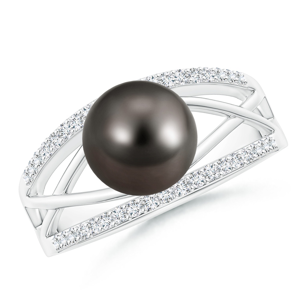 8mm AAA Tahitian Pearl and Diamond Criss-Cross Ring in White Gold