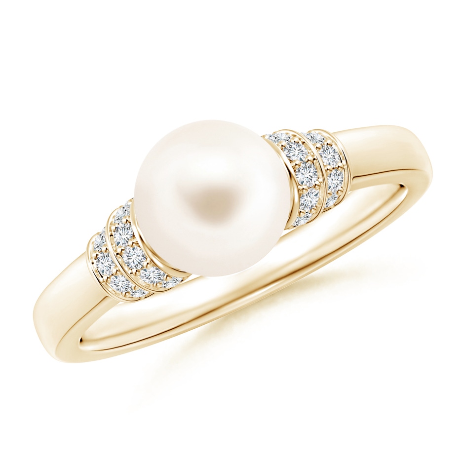 7mm AAA Freshwater Pearl & Pavé-Set Diamond Ring in Yellow Gold 
