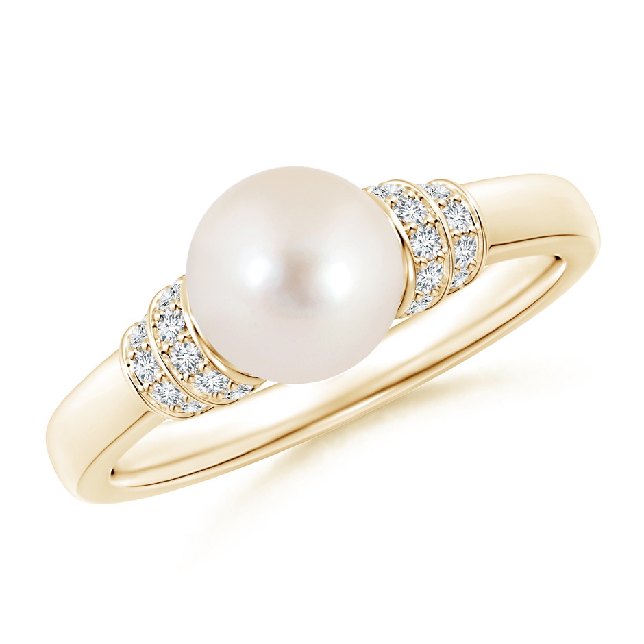 7mm AAAA Freshwater Pearl & Pavé-Set Diamond Ring in Yellow Gold 