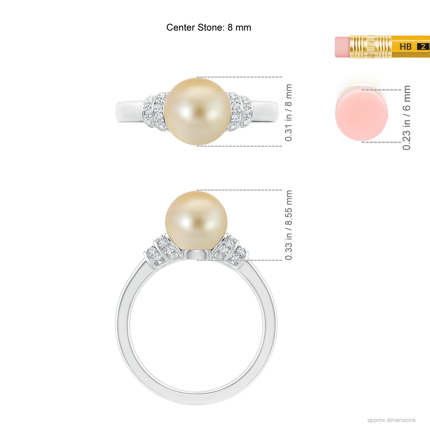 8mm AAA Golden South Sea Pearl & Pavé-Set Diamond Ring in White Gold - ruler