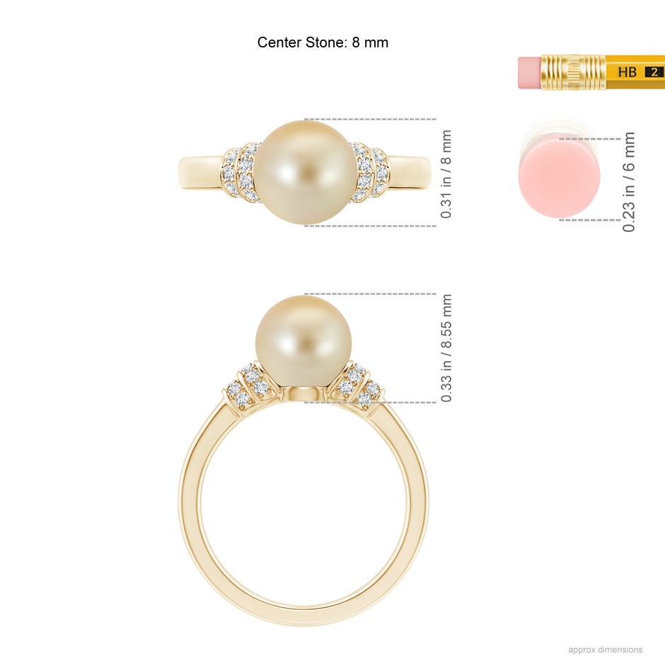 8mm AAA Golden South Sea Pearl & Pavé-Set Diamond Ring in Yellow Gold ruler