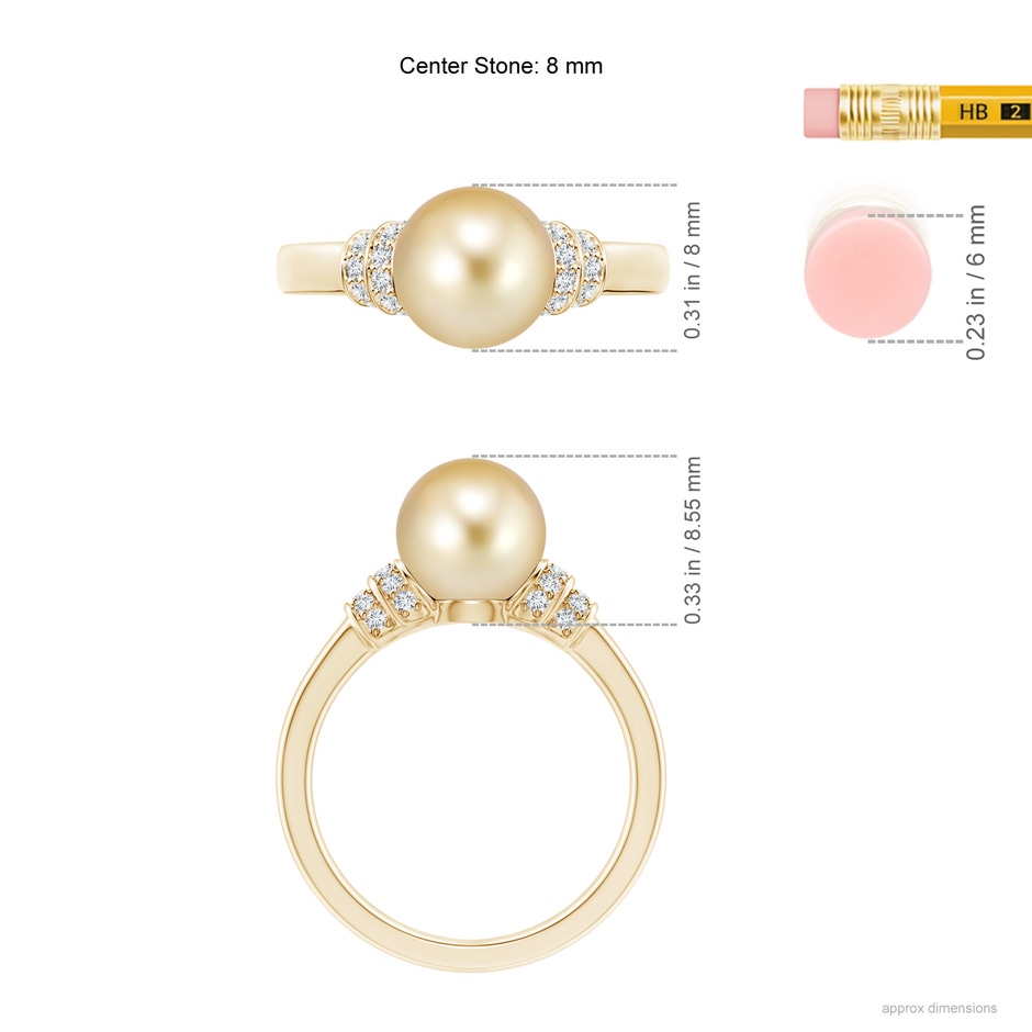 8mm AAAA Golden South Sea Pearl & Pavé-Set Diamond Ring in Yellow Gold ruler