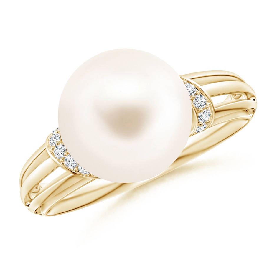10mm AAA Freshwater Pearl Ring with Pavé-Set Diamonds in Yellow Gold 