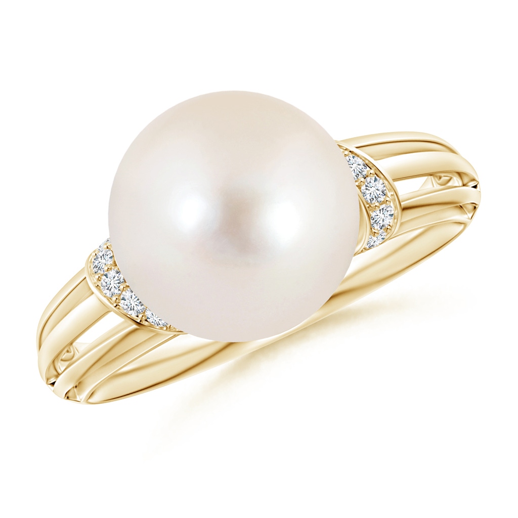10mm AAAA Freshwater Pearl Ring with Pavé-Set Diamonds in Yellow Gold