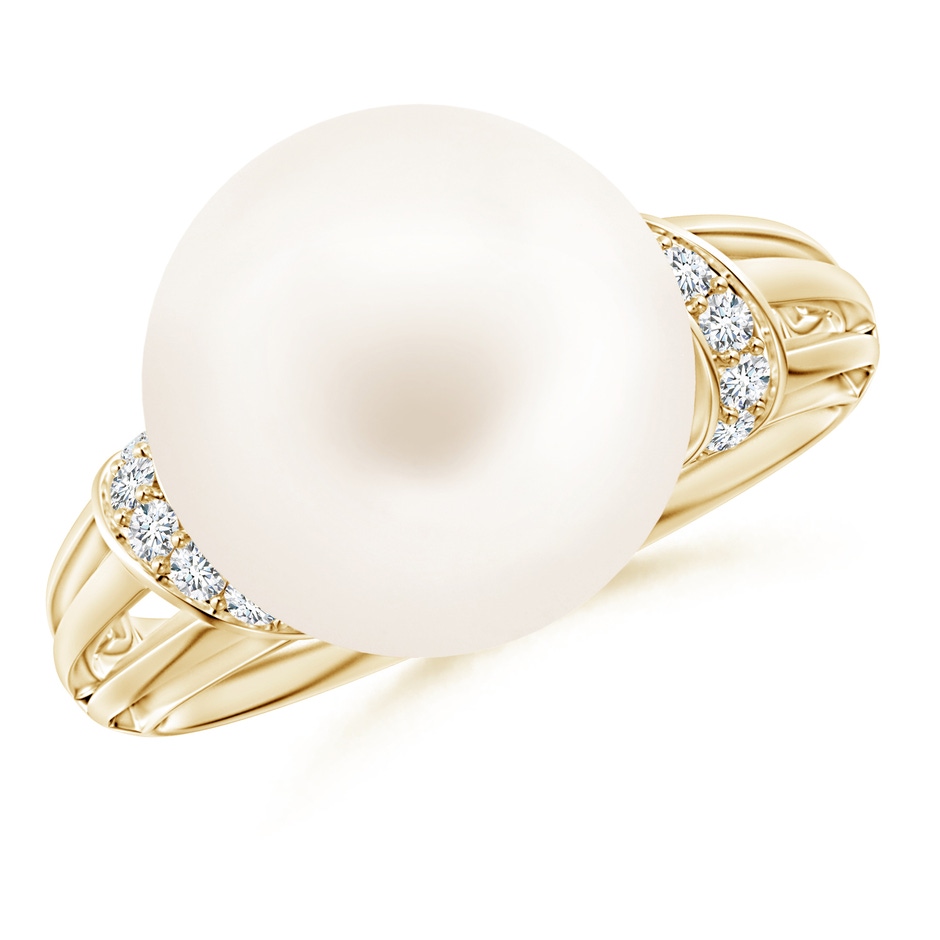 12mm AA Freshwater Pearl Ring with Pavé-Set Diamonds in Yellow Gold 