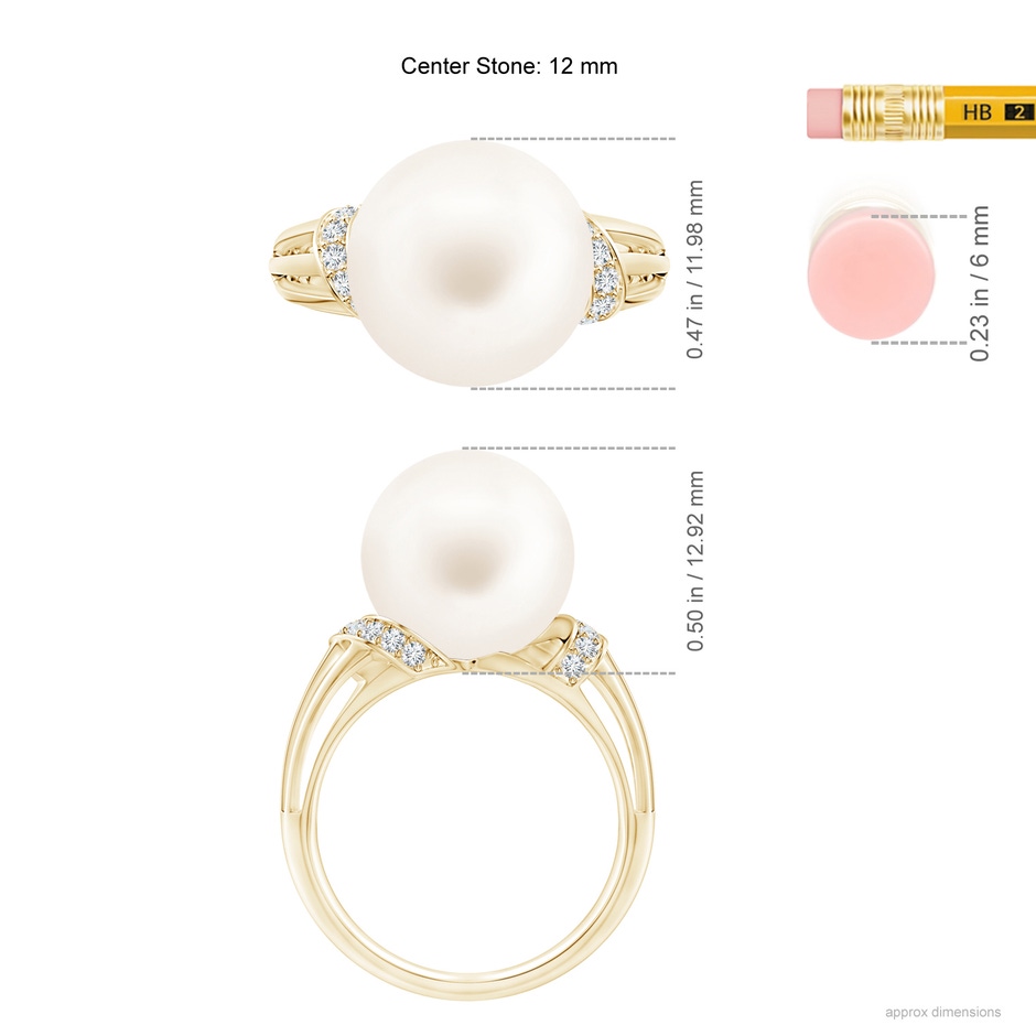 12mm AA Freshwater Pearl Ring with Pavé-Set Diamonds in Yellow Gold ruler