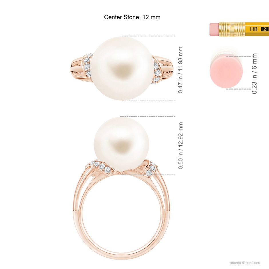 12mm AAA Freshwater Pearl Ring with Pavé-Set Diamonds in Rose Gold ruler