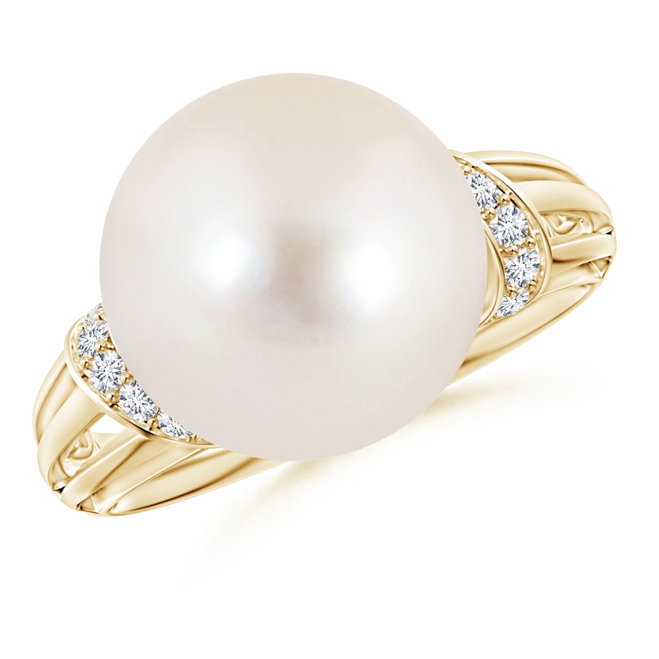 12mm AAAA Freshwater Pearl Ring with Pavé-Set Diamonds in Yellow Gold 