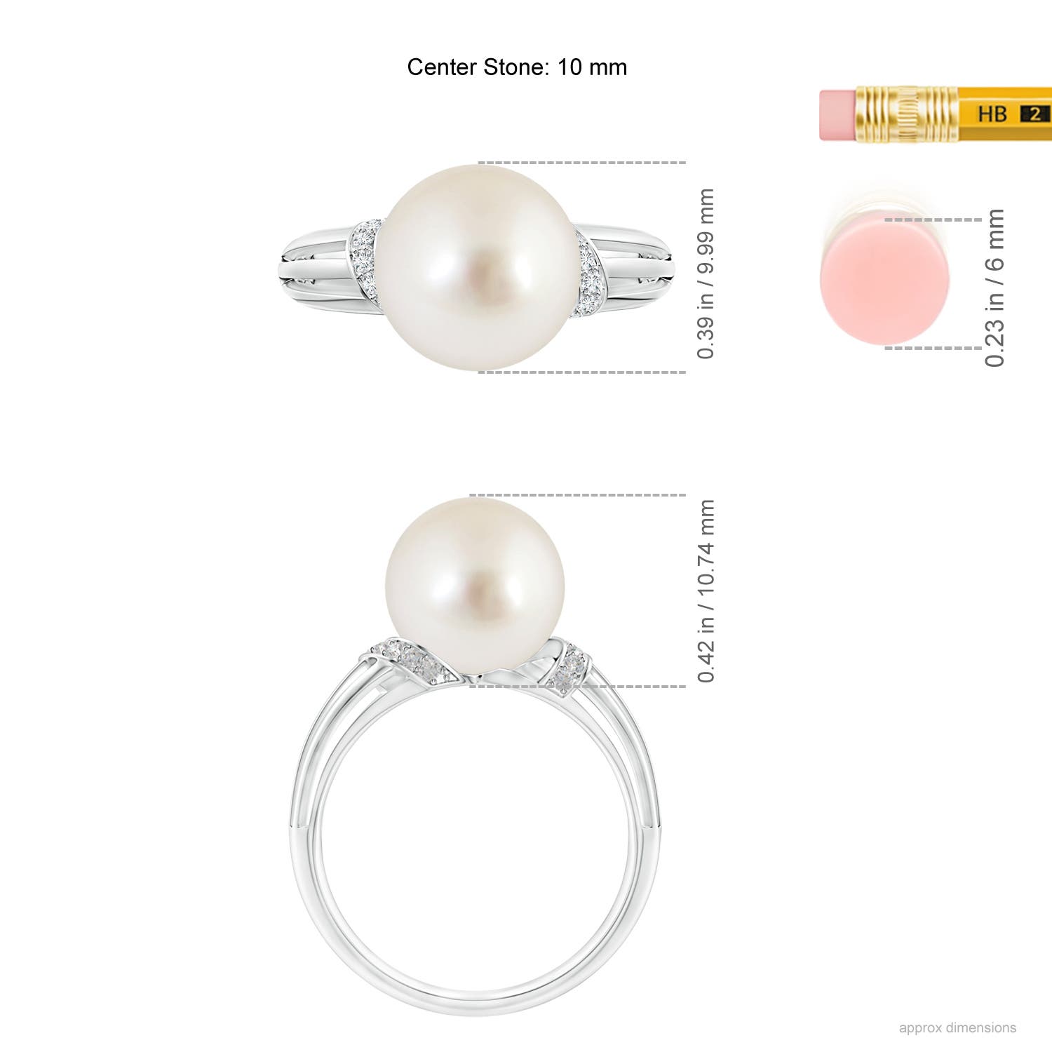 10mm AAAA South Sea Pearl Ring with Pavé-Set Diamonds in White Gold - ruler