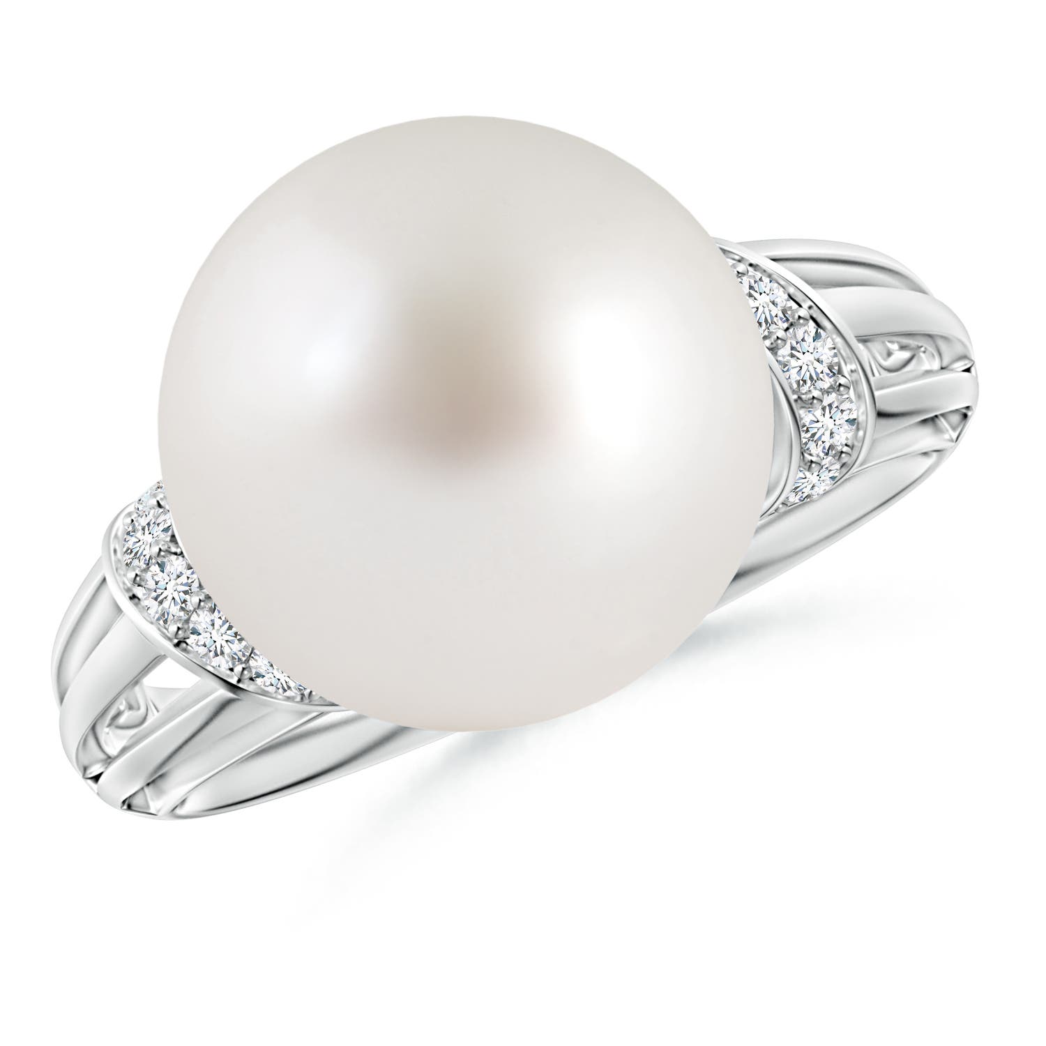 12mm AAA South Sea Pearl Ring with Pavé-Set Diamonds in White Gold