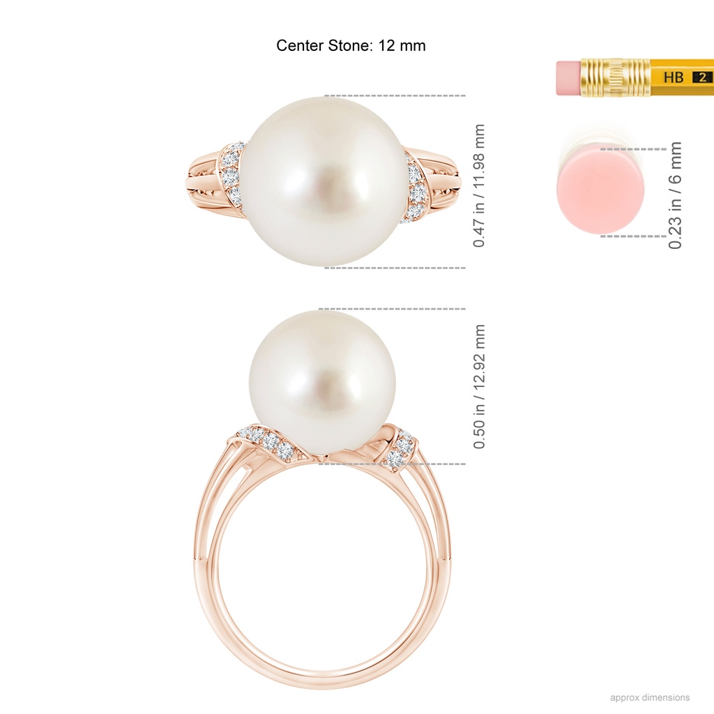 12mm AAAA South Sea Pearl Ring with Pavé-Set Diamonds in Rose Gold Ruler